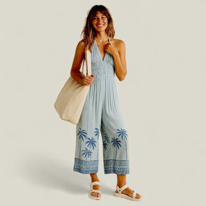 Surf Gypsy Cabo Palm Beach Print Wide Leg Smocked Halter Jumpsuit Women's Sz L